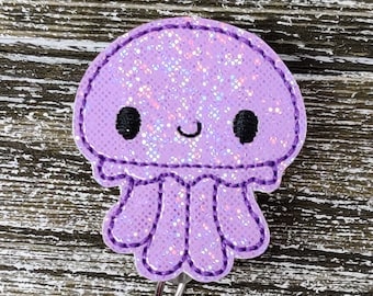 Lavender Holographic Glitter Jellyfish Badge Holder, Lavender Jellyfish Glitter Badge Reel, Pediatric Badge Holder