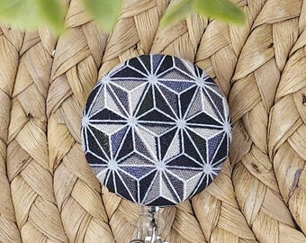 Schwarz und Grau Geometrische Stoff Button Reel, Geometrische Ausweishalter, Krankenschwester, Lehrer