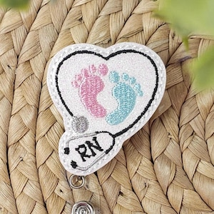 White Glitter RN Retractable Badge Reel, RN Badge Holder, Labor & Delivery