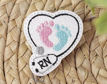 White Glitter RN Retractable Badge Reel, RN Badge Holder, Labor & Delivery