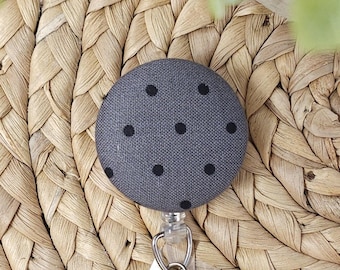 Gray Fabric Polka Dot Button Retractable Badge Holder, Fabric Button Badge Holder, Polka Dot Badge Holder, Nurse Badge Holder, Badge Topper
