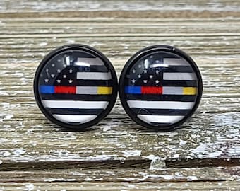 Thin Line American Flag Stud Boucles d’oreilles, EMS Stud Boucles d’oreilles, Services d’urgence Flag Boucles d’oreilles