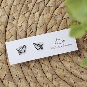 White And Black Resin Paper Airplane Stud Earrings, Airplane Stud Earrings, Plane Stud Earrings, Black And White Earrings, Stud Earrings