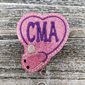 Pink Glitter Vinyl CMA Badge Holder, Certified Medical Assistant Badge Holder, Pink And Purple CMA Badge Holder