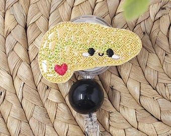 Yellow Glitter Vinyl Pancreas Retractable Badge Holder, Nurse, ID Badge Holder, Gastroenterologist