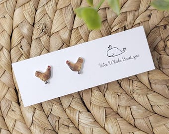 Brown Chicken Stud Earrings, Chicken Stud Earrings, Chicken Earrings