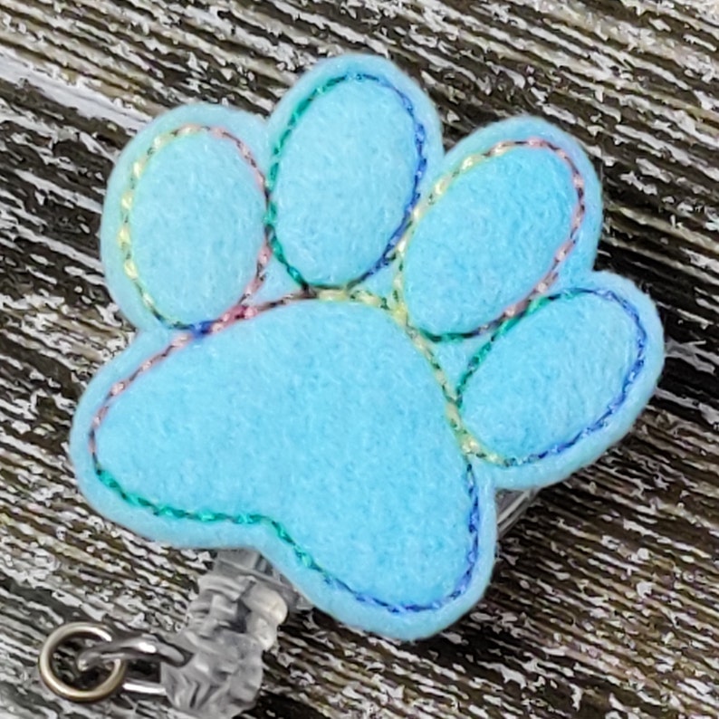 Aqua Felt Paw Print Retractable Badge Holder, Paw Print Badge Holder, Paw Print Badge Reel image 2