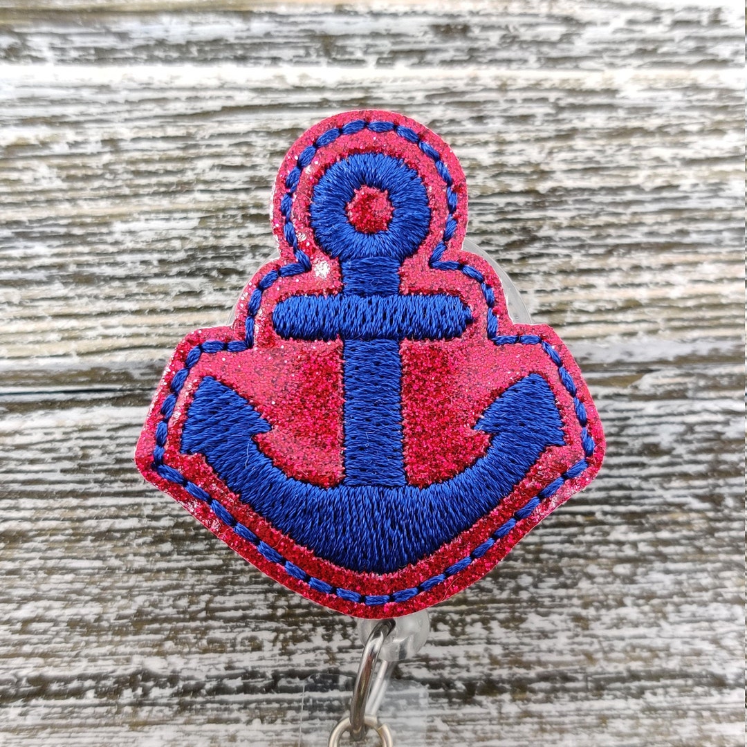 Dark Pink Glitter Vinyl Anchor Retractable Badge Holder, Pink and Navy