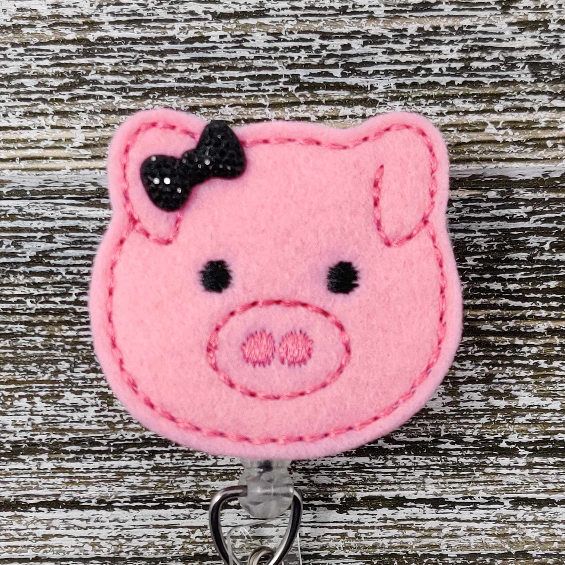 Pink Felt Pig With Sparkle Bow Retractable Badge Holder, Pediatric