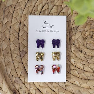 Glitter Tooth Stud Earrings, Tooth Stud Earring Bundle, Purple Tooth Earrings, Gold Tooth Earrings, Multicolored Tooth Earrings, Tooth Studs