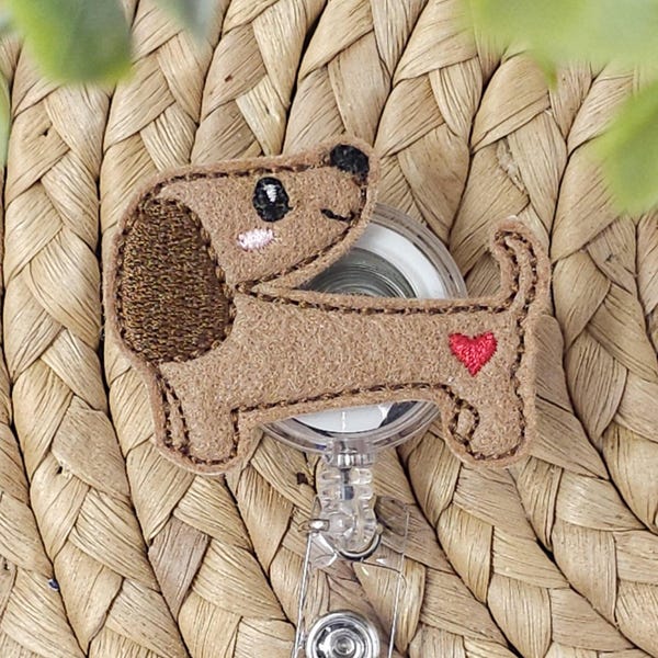 Felt Dachshund Retractable Badge Reel, Weenie Dog ID Holder