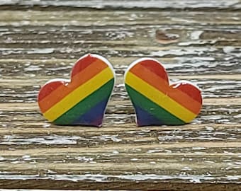 Rainbow Flag Resin Stud Earrings, Pride Stud Earrings, Pride Heart Earrings