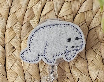Gray Manatee Retractable Badge Holder, Felt Sea Cow Badge Reel, Nurse Badge Holder