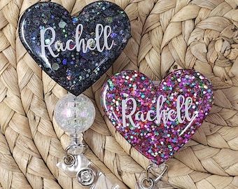 Customizable Glitter Resin Heart Badge Holder, Monogram Resin Heart Badge Holder, Heart Badge Holder, Heart Badge Reel, Heart Name Tag