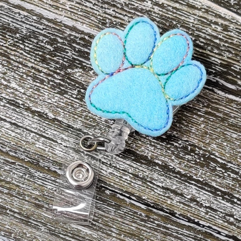 Aqua Felt Paw Print Retractable Badge Holder, Paw Print Badge Holder, Paw Print Badge Reel image 5