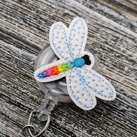White Glitter Vinyl Rainbow Dragonfly Badge Holder, Dragonfly Badge Holder, Pediatric Badge Holder