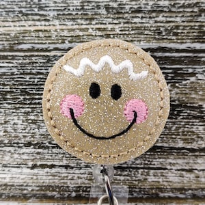 Light Brown Glitter Vinyl Gingerbread Face Retractable Badge Holder, Gingerbread Badge Holder, Gingerbread Man Badge Holder