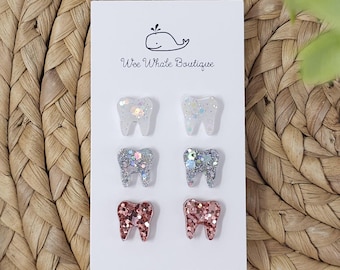 Glitter Tooth Stud Earrings, Tooth Stud Earring Bundle, White Tooth Earrings, Silver Tooth Stud Earrings, Rose Gold Tooth Stud Earrings