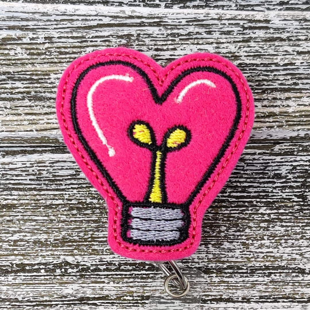 Pink Felt Heart Light Bulb Retractable Badge Reel, Light Bulb ID