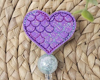 Lila Glitzer Meerjungfrau Herz Badge Reel, Meerjungfrau Ausweishalter, Sommer Badge Reel, Krankenschwester, Lehrer