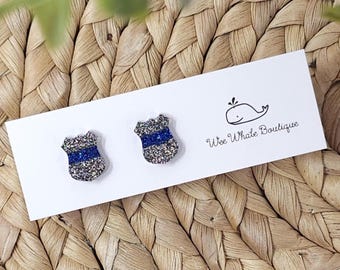 Thin Blue Line Stud Earrings, Police Badge Stud Earrings, Police Shield Stud Earrings, Thin Blue Line Badge Earrings