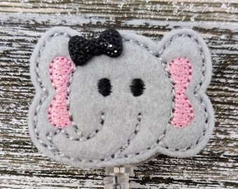 Gray Elephant Badge Holder With Sparkle Bow, Elephant Badge Holder, Pediatric Badge Holder