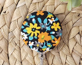 Black Floral Fabric Button Retractable Badge Holder, Black Badge Holder, Floral Badge Holder, Teacher Badge Holder, Nurse Badge Holder
