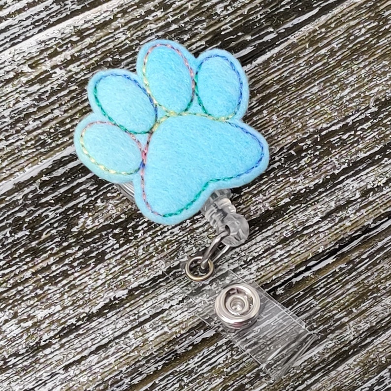 Aqua Felt Paw Print Retractable Badge Holder, Paw Print Badge Holder, Paw Print Badge Reel image 4