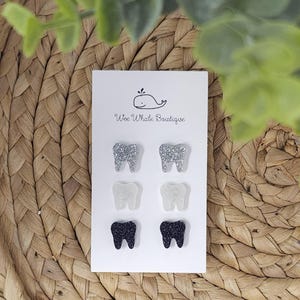 Glitter Tooth Stud Earrings, Silver Tooth Stud Earrings, Pearled Tooth Stud Earrings, Navy Blue Stud Earrings, Dental Assistant Earrings