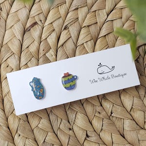 Blue & Green Tea Pitcher And Tea Cup Stud Earrings, Tea Cup Stud Earrings, Tea Pitcher Stud Earrings, Tea Pot Earrings, Cup Of Tea Earrings