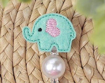 Mintgroene en roze vilten olifant badgehaspel, olifant badgehouder, verpleegster, leraar