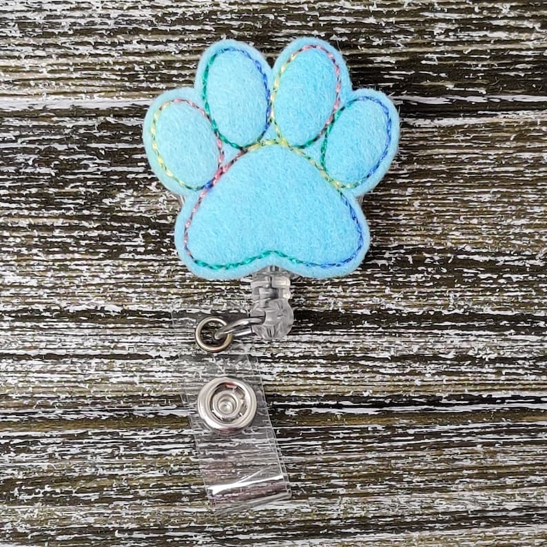 Aqua Felt Paw Print Retractable Badge Holder, Paw Print Badge Holder, Paw Print Badge Reel image 3