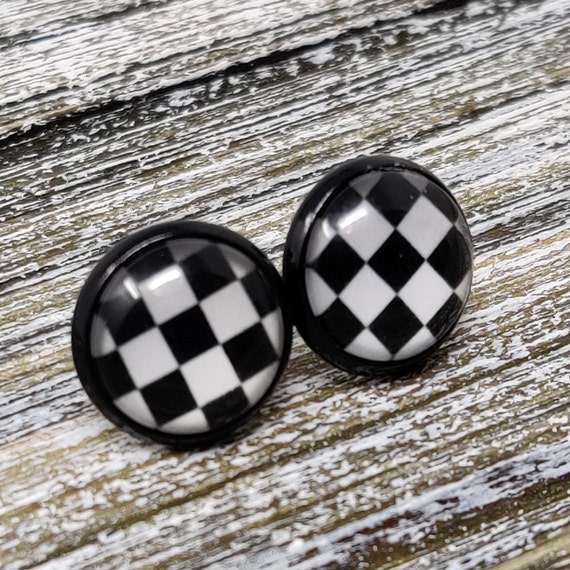 Black and White Checkered Stud Earrings Checkered Flag Stud