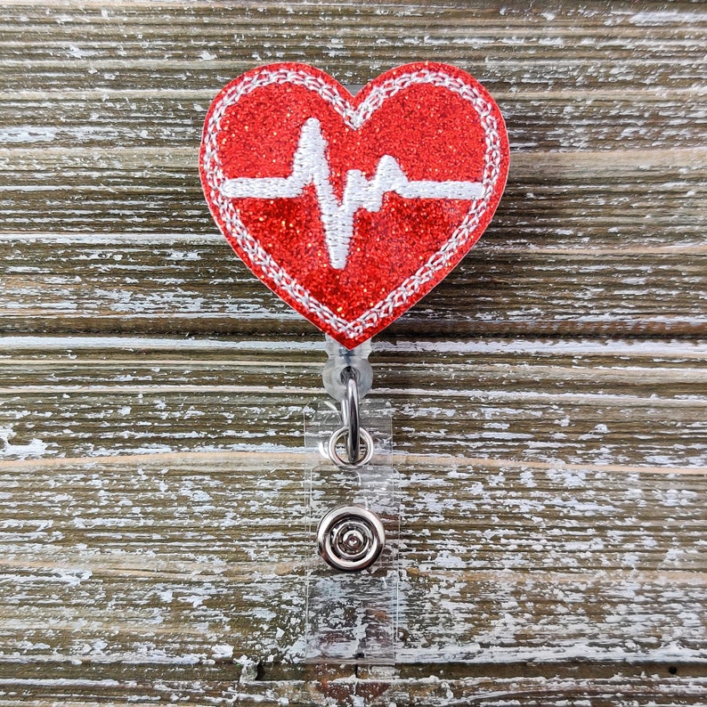 Red Glitter EKG Heart Badge Holder EKG Heart Badge Reel - Etsy
