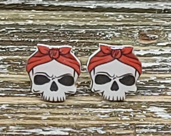 Skull With Bandana Resin Stud Earrings, Skull Earrings, Skull Stud Earrings