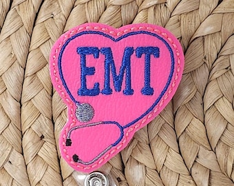 Porta-crachá retrátil de vinil rosa e azul para técnico de emergência médica (EMT), porta-crachá de identificação para EMT.