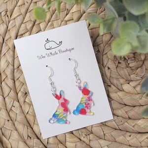 Pink Floral Bunny Earrings, Bunny Dangle Earrings, Floral Earrings, Rabbit Dangle Earrings, Pink Earrings, Multicolored Earrings, Bunny Mom