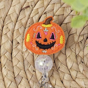 Sugar Skull Pumpkin Retractable Badge Holder, Interchangeable Pumpkin Badge Holder, Pumpkin Badge Reel, Halloween Badge Holder, Badge Reel