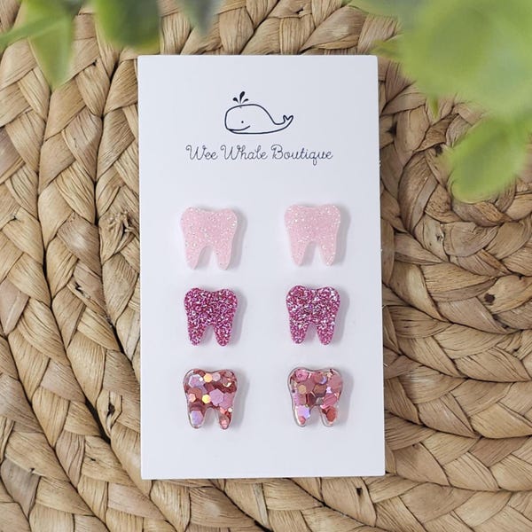 Glitter Tooth Stud Earrings, Pink Tooth Stud Earrings, Light Pink Tooth Stud Earrings, Dental Assistant Earrings, Ready To Ship