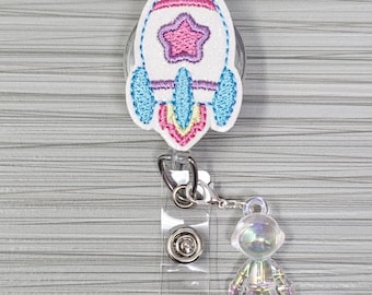 Pink & White Rocket Retractable Badge Holder | Rocket Badge Reel | Astronaut Badge Holder | Badge Reel Charm | Nursing Badge Reel