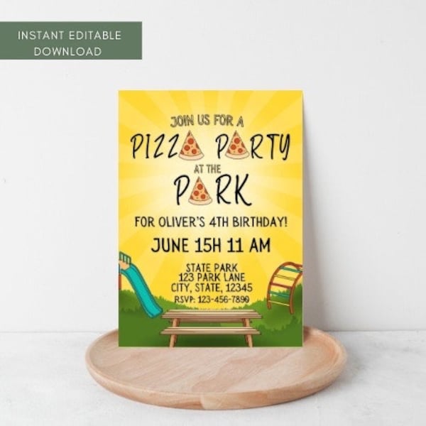 Pizza Party Invitation, Digital Kids Birthday Invitation, Park Party Invitation, Any Age, EDITABLE File, INSTANT DOWNLOAD