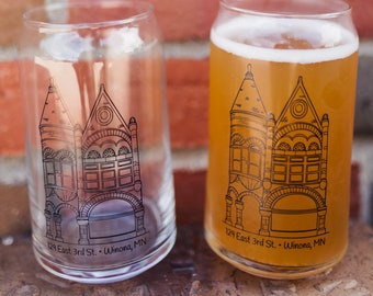 Winona Beer Can Glass, Queen Anne Building  | A mini replica of a favorite building in downtown Winona, MN in a beer can glass