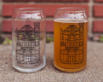 Winona Beer Can Glass, Choate Building  | A mini replica of a favorite building in downtown Winona, MN in a beer can glass