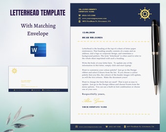 Könnte beinhalten: Eine blaue und weiße Briefkopfvorlage mit einem Kompassdesign und dem Text "Briefkopfvorlage" und "Mit passendem Umschlag". Die Vorlage enthält ein Beispielschreiben mit dem Datum "12.06.2020" und der Anrede "Sehr geehrter Herr James".