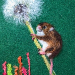 Maus und Pusteblume Bild / Grußkarte / Filzkunst - Nadelgefilztes Original - C6 Größe, blanko für Ihre eigene Nachricht