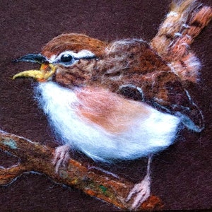 Jenny Wren che canta Immagine / Biglietto di auguri / Dipinto artistico in feltro - Originale in feltro ad ago - fatto a mano - Formato C6, vuoto per il tuo messaggio