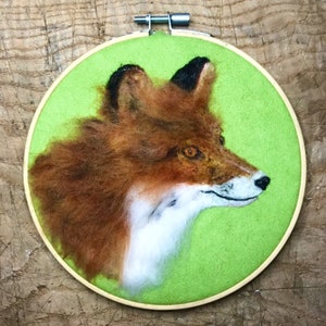 Red FoxWall Hanging- Needle Felted Original - framed in a bamboo embroidery hoop