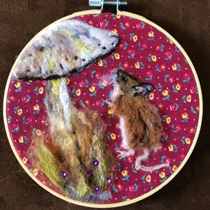 Mouse and Toadstool Wall Hanging- Needle Felted Original - framed in a bamboo embroidery hoop
