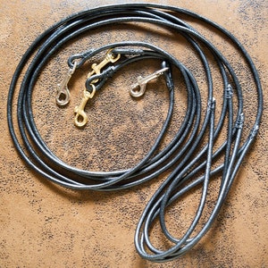 May include: Black leather dog leash with two gold and silver clasps. The leash is coiled and laid out on a brown surface.