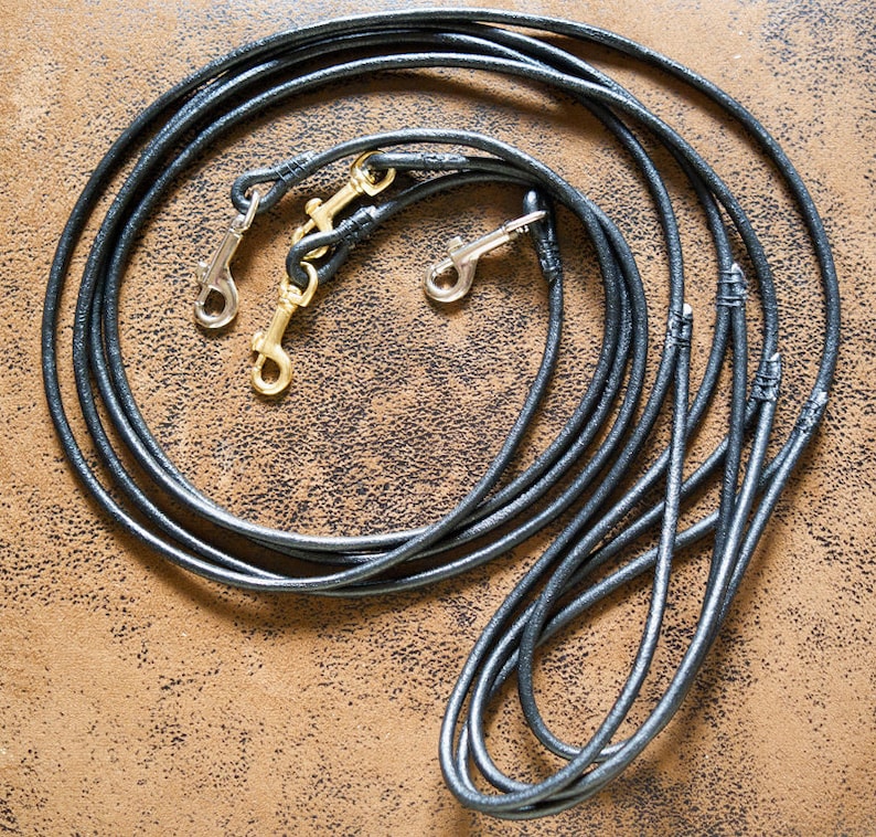 May include: Black leather dog leash with two gold and silver clasps. The leash is coiled and laid out on a brown surface.